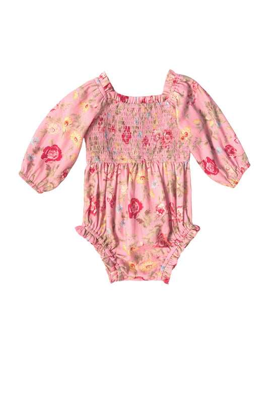The Ivy City Co Baby Madeline Romper in Pink Vintage Poppies features a charming pink floral design with long sleeves, a smocked bodice, and ruffled leg openings for added sweetness.