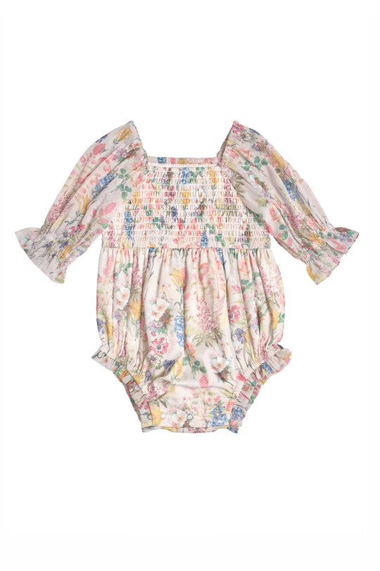 The Ivy City Co Baby Madeline Romper in Cordelia Floral has long, ruffled sleeves and a smocked bodice with pastel floral details—ideal for an adorable mommy-and-me outfit.