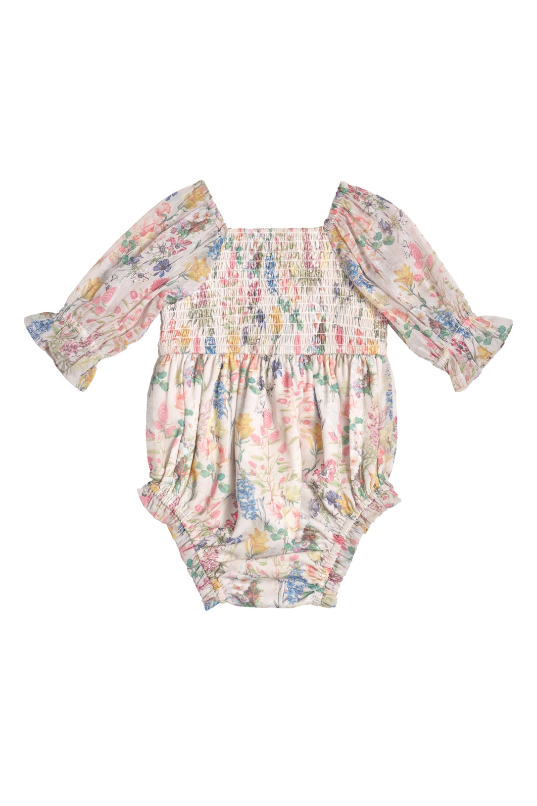 The Baby Madeline Romper in Cordelia Floral by Ivy City Co features a square neckline, smocked bodice, ruffled cuffs, and a pastel pink, yellow, and blue floral print—perfect for sweet mommy-and-me moments.