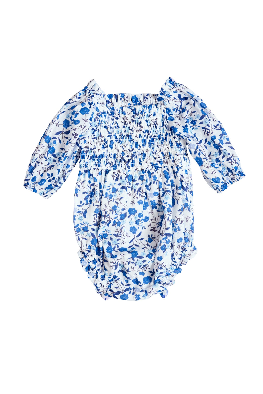 The Ivy City Co Baby Madeline Romper in Ditsy Cobalt Floral features blue and white blooms, long sleeves, an elasticized bodice, ruffled leg openings, and a gathered neckline—perfect for mom and me matching moments.