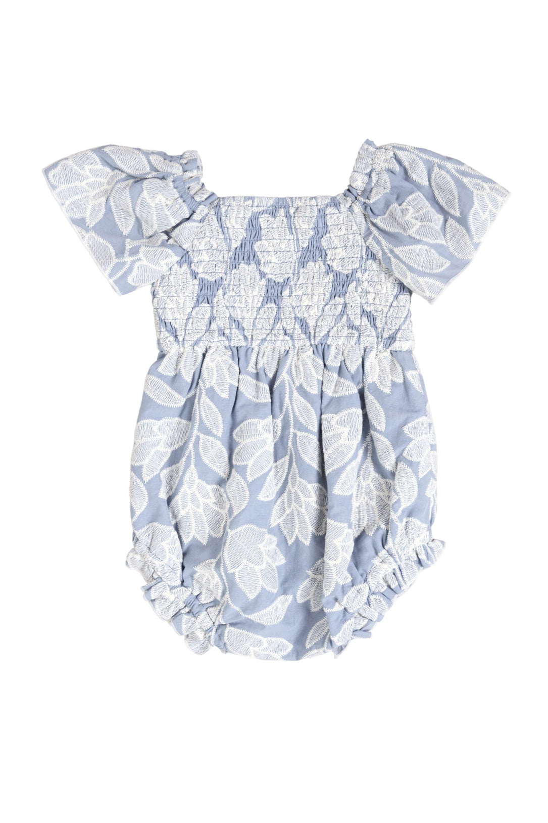 The Ivy City Co Baby Ophelia Romper in Mosaic Embroidery features light blue fabric, white floral patterns, short ruffled sleeves, a smocked bodice, and mosaic embroidery. Pair with Mom and Me matching styles for a coordinated look.