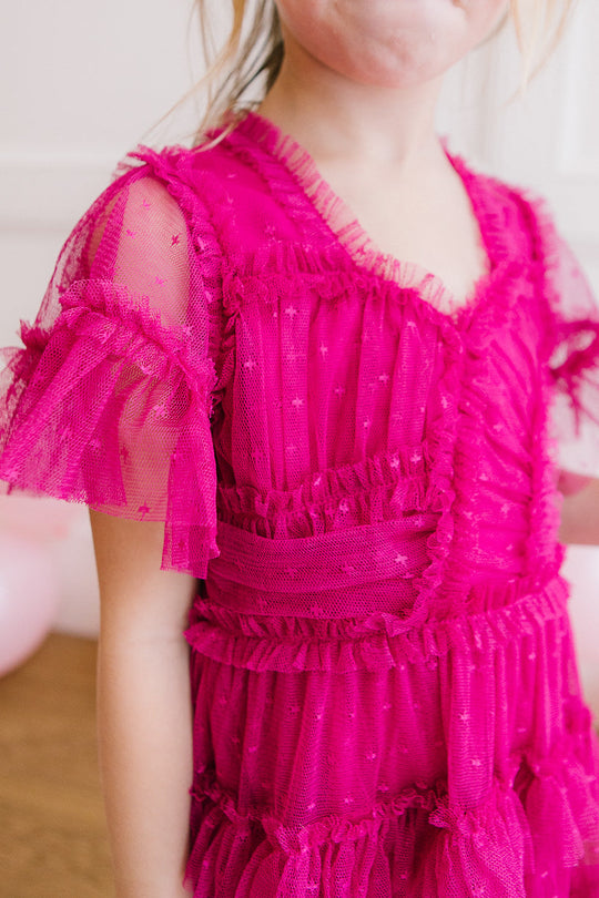 Mini Whimsical Dress with Sweetheart-Neck in Fuchsia