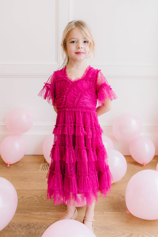 Mini Whimsical Dress with Sweetheart-Neck in Fuchsia