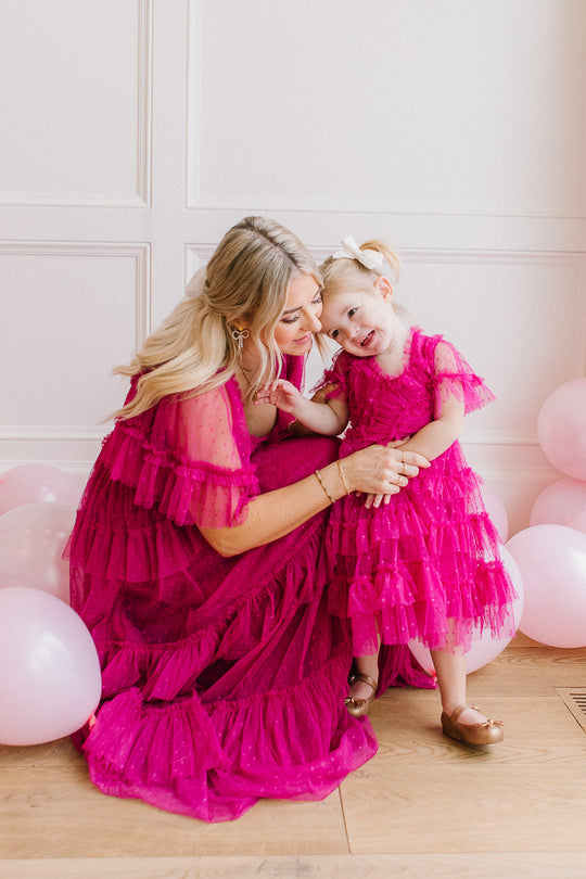 Mini Whimsical Dress with Sweetheart-Neck in Fuchsia