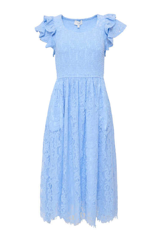 blue lace dress against a white background