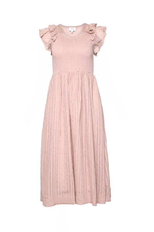 The Hattie Dress in Pink Stripes by Ivy City Co is a light pink striped midi dress with a smocked bodice, ruffled cap sleeves, a gently pleated skirt, subtle textured fabric, and is maternity friendly.