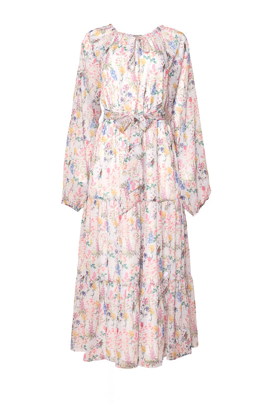 The Imogen Dress in Cordelia Floral by Ivy City Co is a flowy chiffon maxi with long sleeves, pastel floral print, gathered neckline, matching belt, and tiered skirt—maternity friendly with its loose fit.