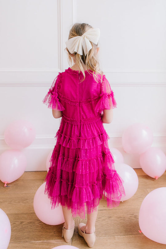 Mini Whimsical Dress with Sweetheart-Neck in Fuchsia