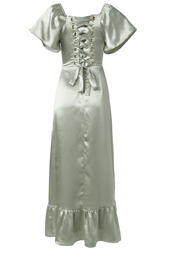 The Maddie Dress in Sage Satin by Ivy City Co features short flutter sleeves, a lace-up corset bodice, ruffled hem, and fitted waist with front bow—an elegant bridesmaid choice.