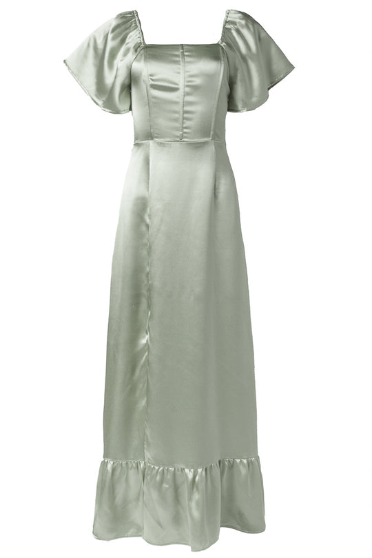The Maddie Dress in Sage Satin by Ivy City Co features flutter sleeves, a square neckline, a fitted bodice, and a long flowing skirt with a ruffled hem—perfect for bridesmaids.