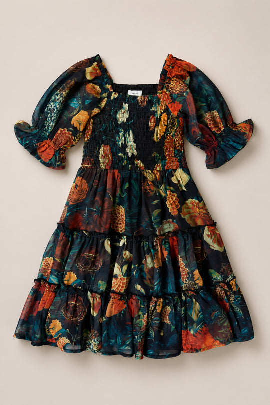 The Mini Madeline Dress in Imogen Moody Floral by Ivy City Co is a knee-length chiffon dress featuring puffed three-quarter sleeves, a smocked bodice, and a tiered ruffle skirt. Its dark floral print showcases vibrant orange, yellow, and green flowers on a black background—making it the perfect fall dress for any occasion.