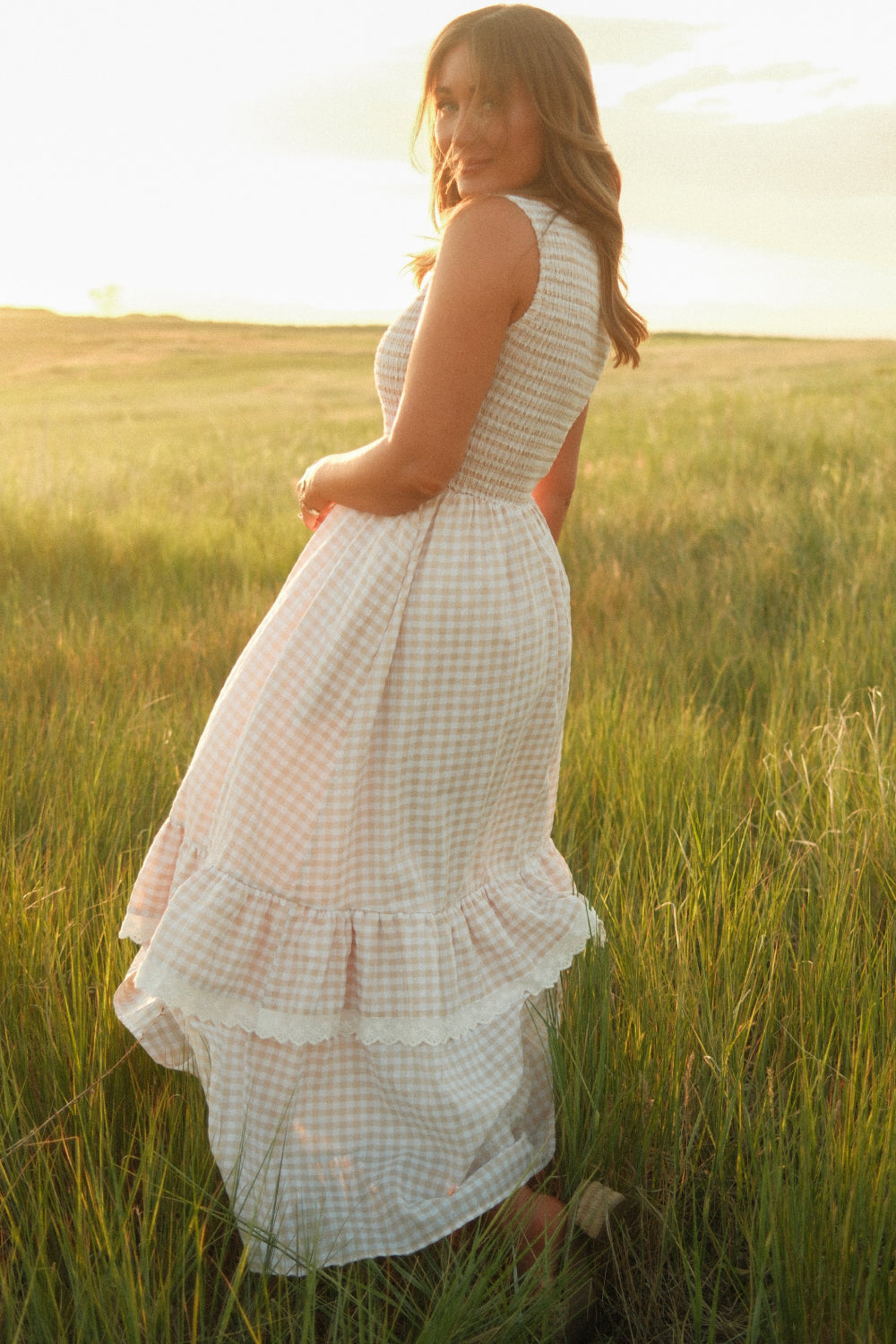 Presley Sleeveless Dress in Cream Gingham-3