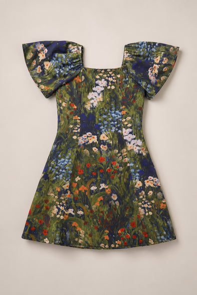 The Ivy City Co Teen Blakely Flutter-Sleeve Dress in Impressionist Bloom features wide, fluttery short sleeves and a square neckline, showcasing a vibrant floral print reminiscent of a painted garden on a dark green and blue background. Laid flat on a neutral surface, this elegant satin dress is the perfect piece to refresh your fall wardrobe.