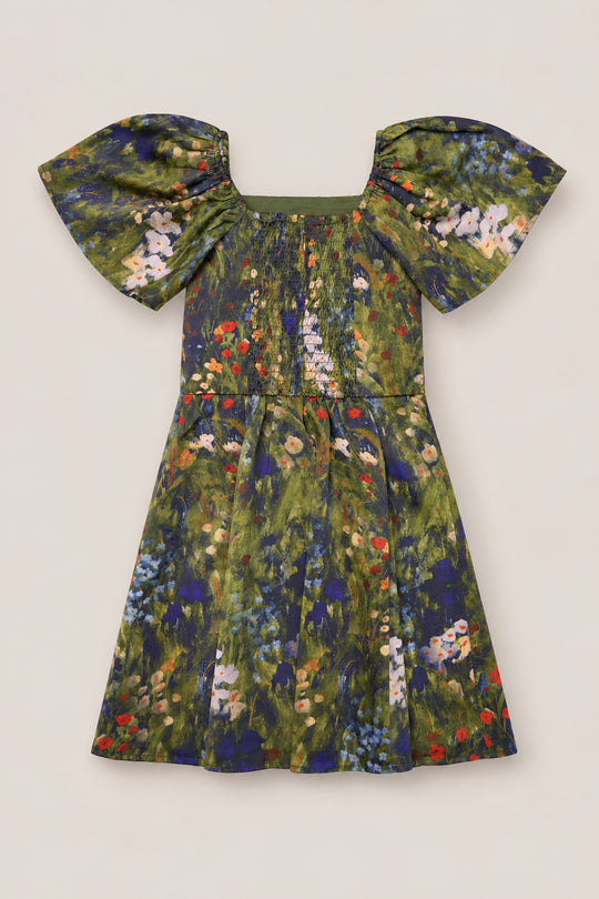 The Ivy City Co Teen Blakely Flutter-Sleeve Dress in Impressionist Bloom features flutter sleeves and a square neckline, adorned with a green, blue, and floral print reminiscent of a painted meadow—an ideal choice to elevate your fall wardrobe.