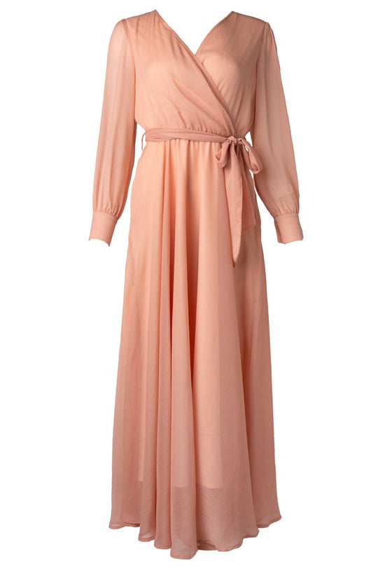 Apricot Crush Andie Dress by Ivy City Co, featuring long sleeves, a V-neckline, and a matching fabric belt tied at the waist, displayed on a white background.