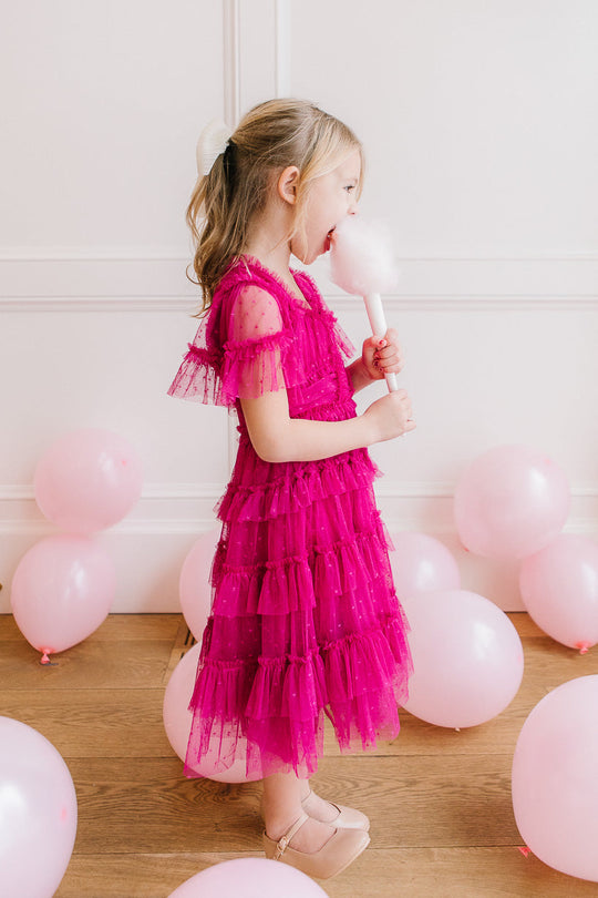 Mini Whimsical Dress with Sweetheart-Neck in Fuchsia