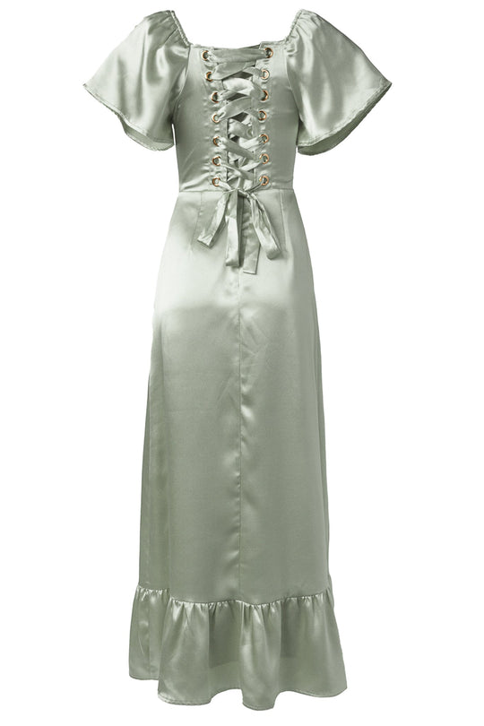 The Maddie Dress in Sage Satin by Ivy City Co features a light green satin finish, short flutter sleeves, a front lace-up bodice with gold eyelets, a waist tie, and a ruffled hem—perfect for your next special event.
