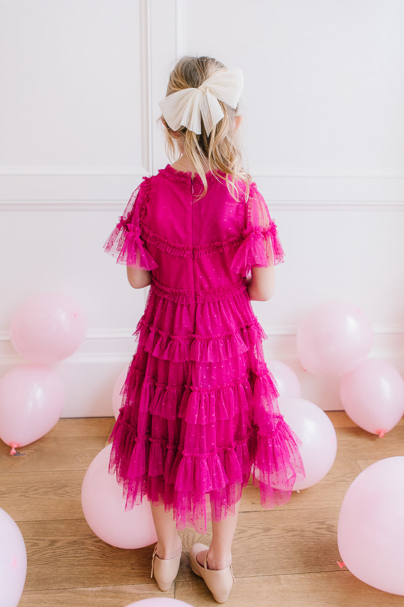 Mini Whimsical Dress with Sweetheart-Neck in Fuchsia