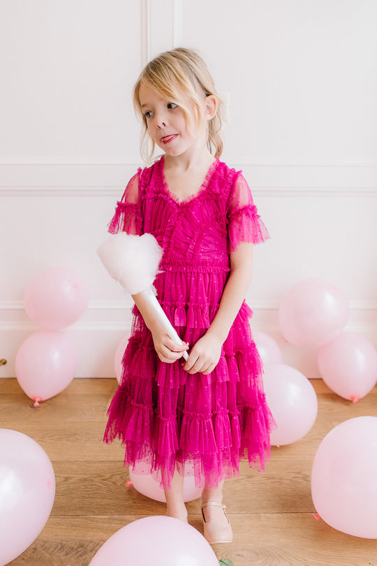Mini Whimsical Dress with Sweetheart-Neck in Fuchsia