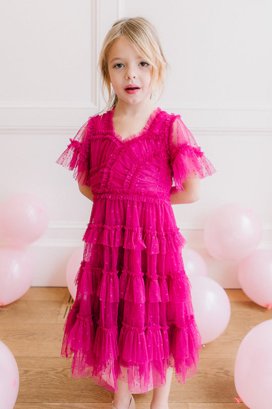 Mini Whimsical Dress with Sweetheart-Neck in Fuchsia